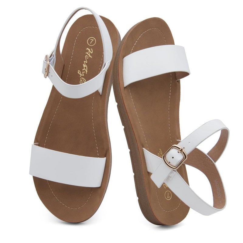Herstyle Flat Sandals for Women â€“ Open Toe One Band Ankle Strap Summer Dressy Sandals, Lightweight Casual Strappy Slip-On Flats with Adjustable Buckle, White, Size 8.0, Monday - Image 2